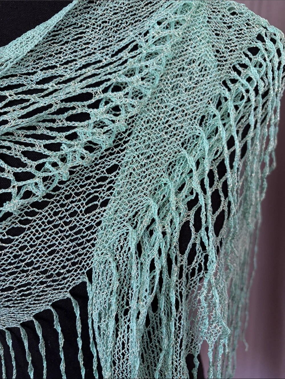 Light Mint w/Gold Threading Knit Fringe Shawl Scarf